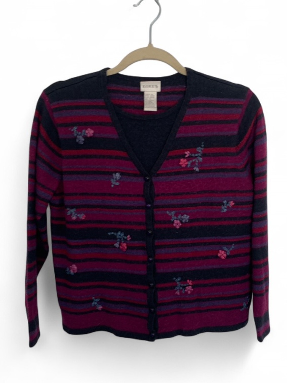Vintage Koret Purple Gray & Pink Striped Floral Embroidered Grandma Cardigan